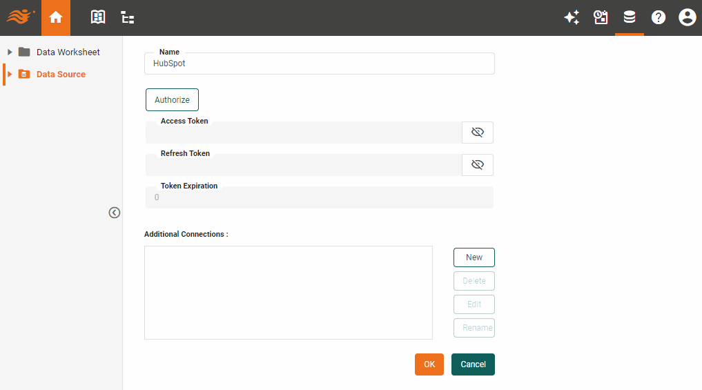 HubSpot data source definition screen