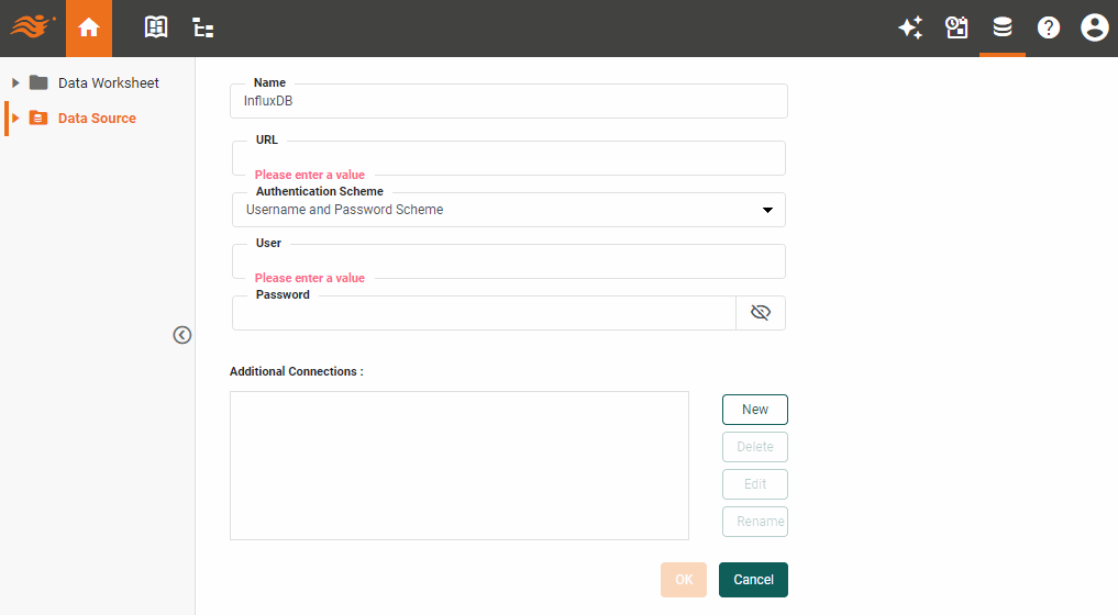 InfluxDB data source definition screen