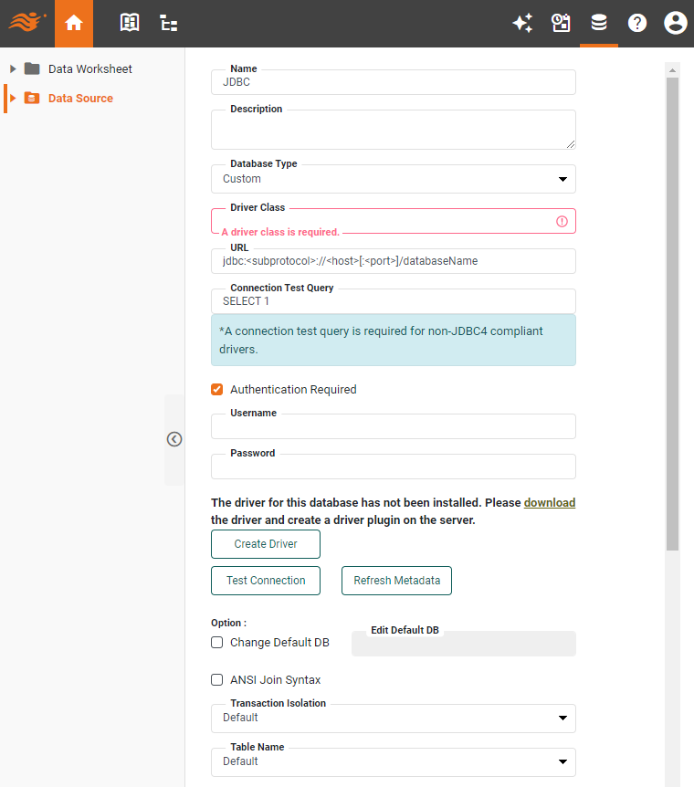 JDBC data source definition screen