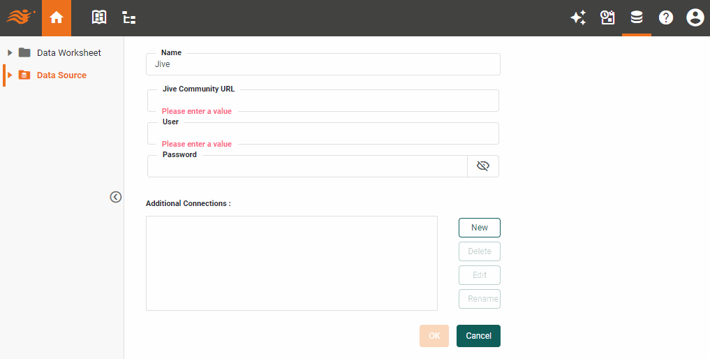 Jive data source definition screen