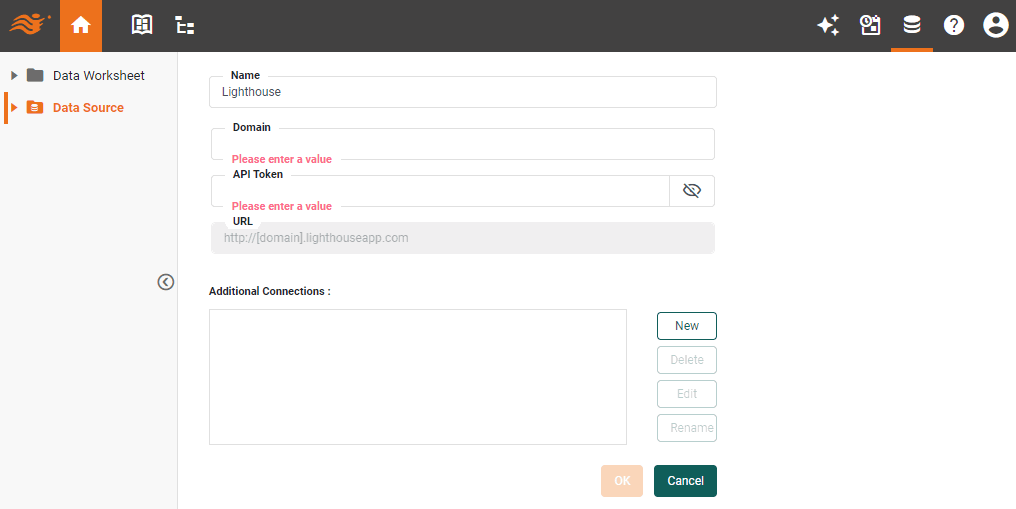 Lighthouse data source definition screen