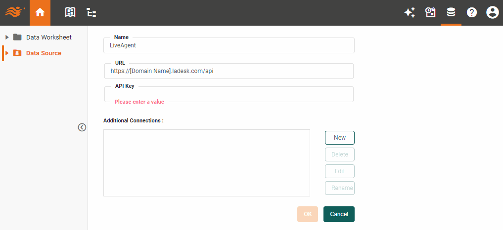 LiveAgent data source definition screen