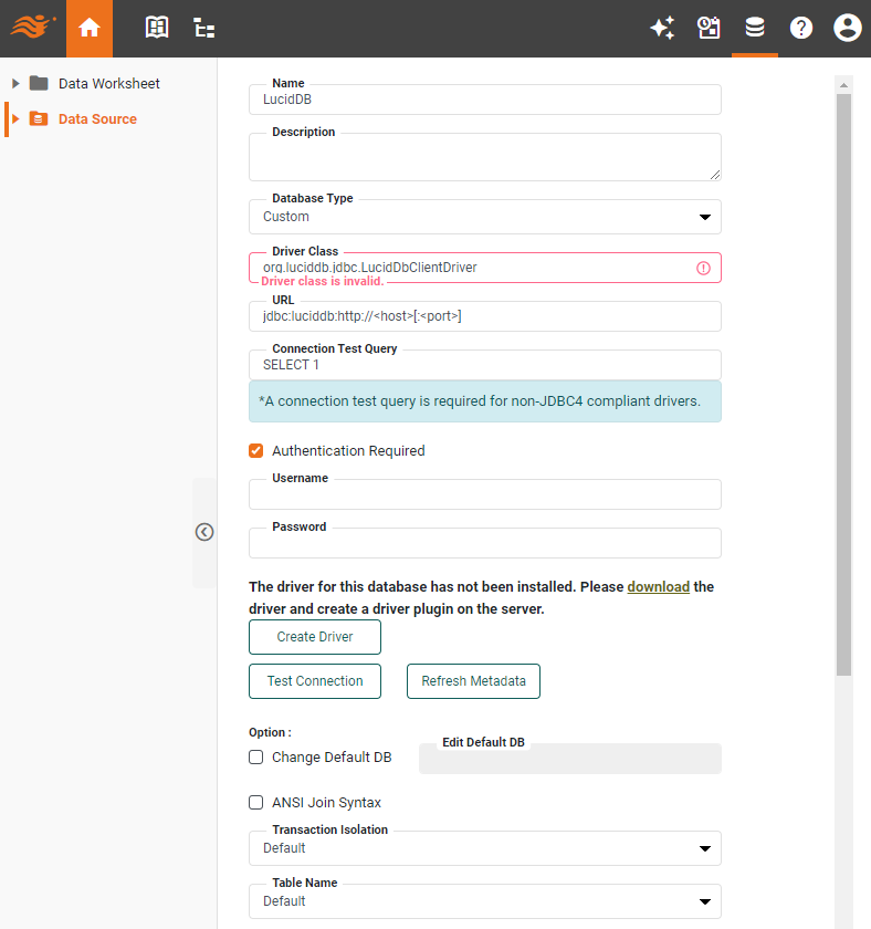 LucidDB data source definition screen