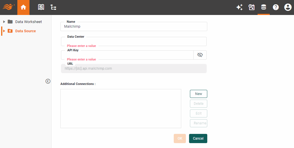Mailchimp data source definition screen
