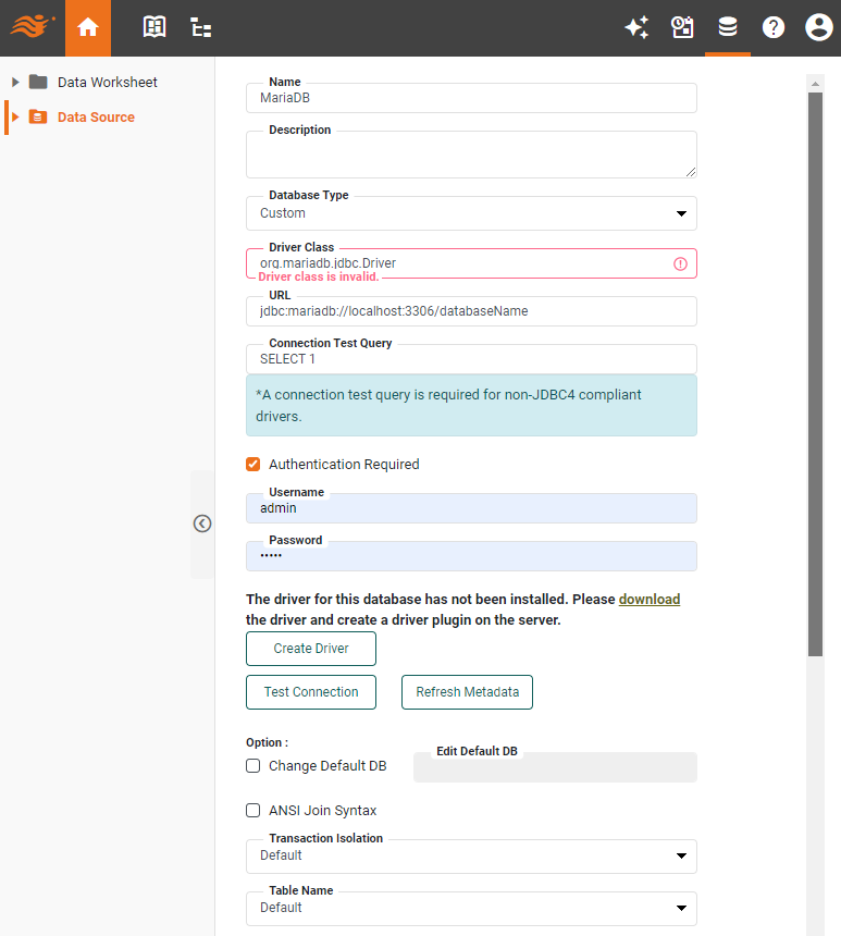 MariaDB data source definition screen