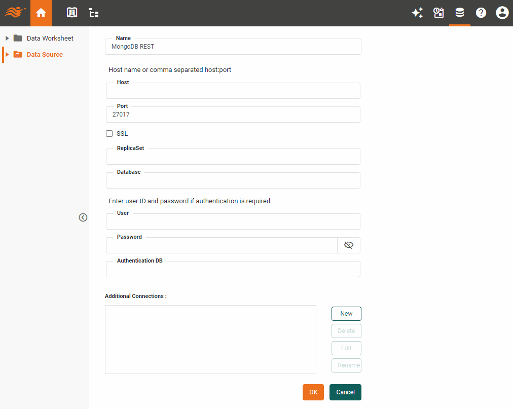 MongoDB REST data source definition screen