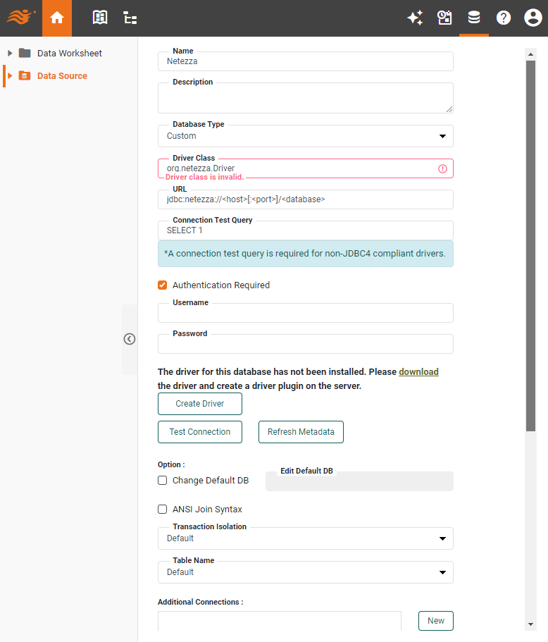 Netezza data source definition screen