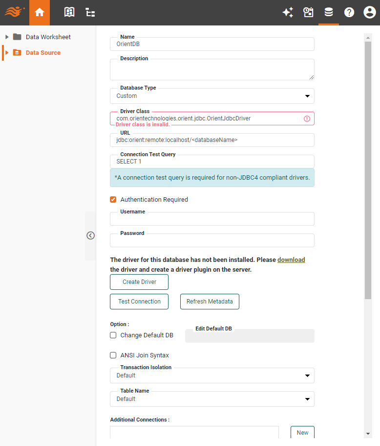 OrientDB data source definition screen