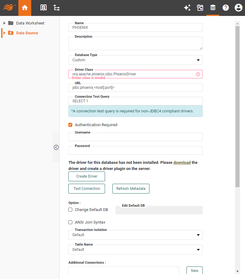 Phoenix data source definition screen