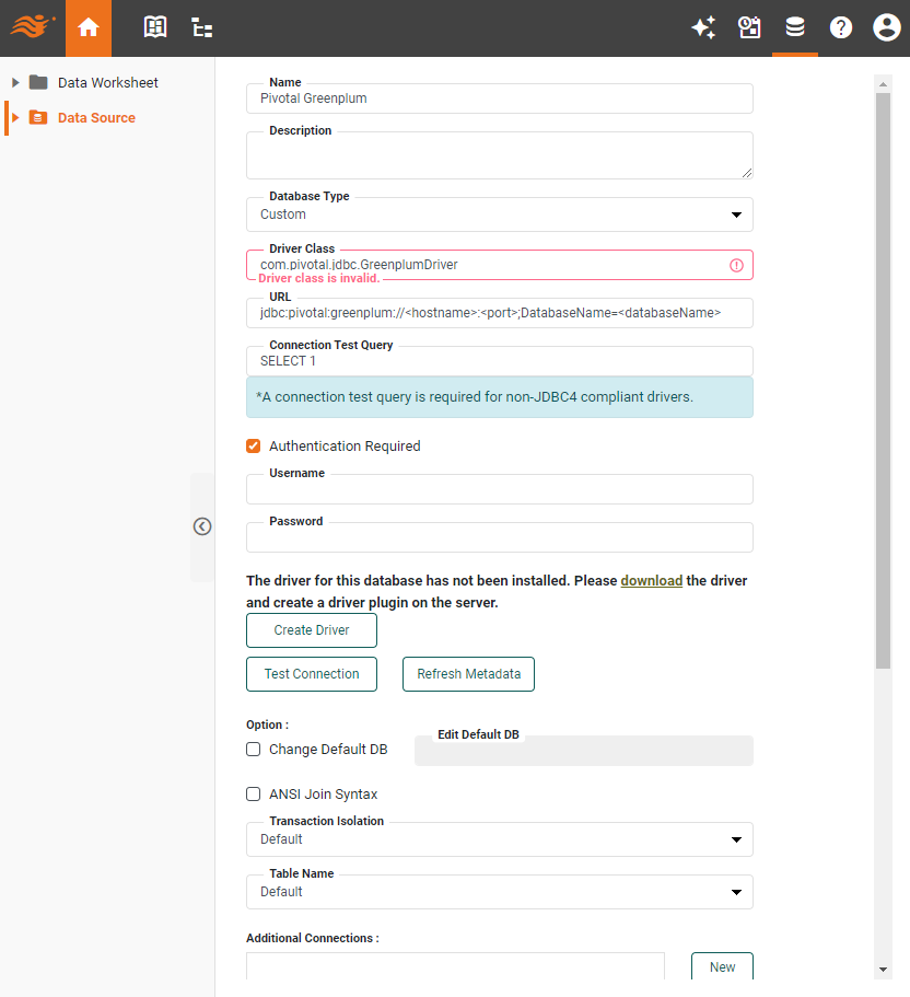 Pivotal (EMC) Greenplum data source definition screen