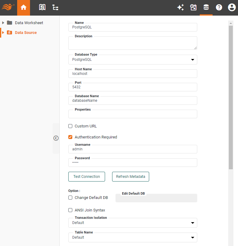 PostgreSQL data source definition screen