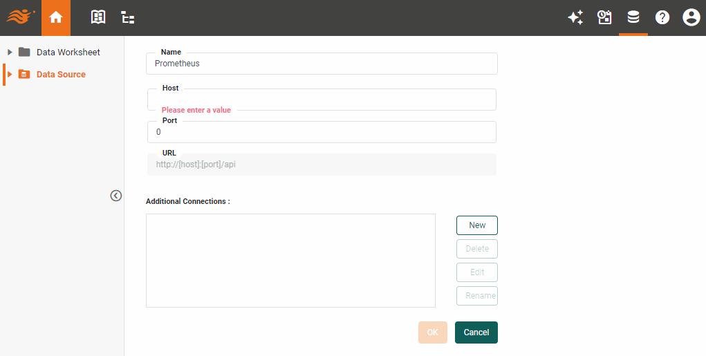 Prometheus data source definition screen