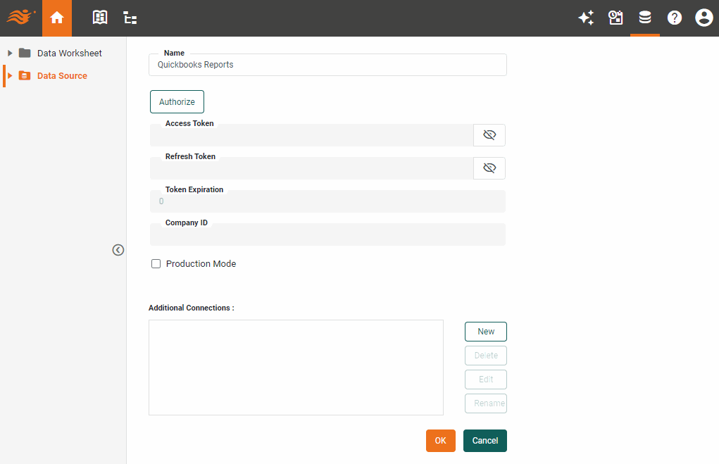 Quickbooks Reports data source definition screen