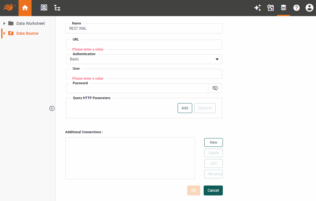 REST XML data source definition screen