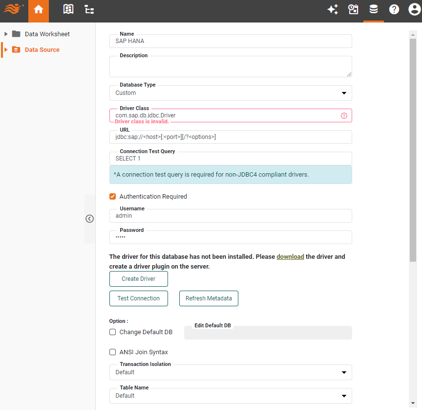 SAP Hana data source definition screen