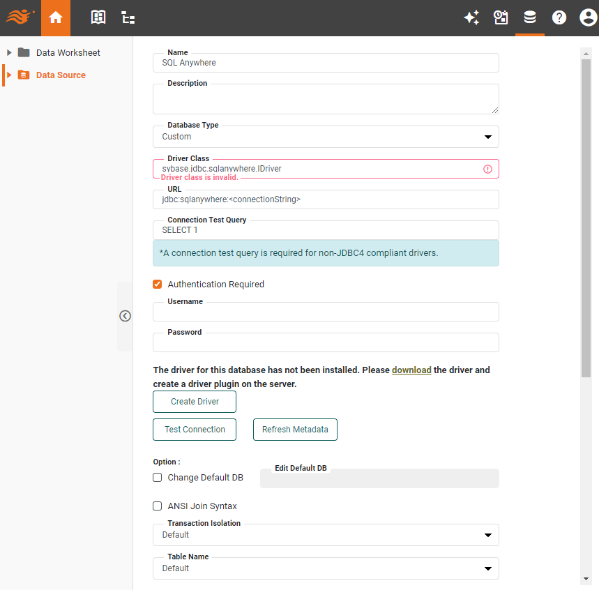 SQL Anywhere data source definition screen