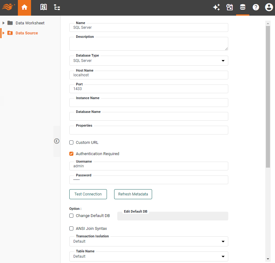 SQL Server data source definition screen