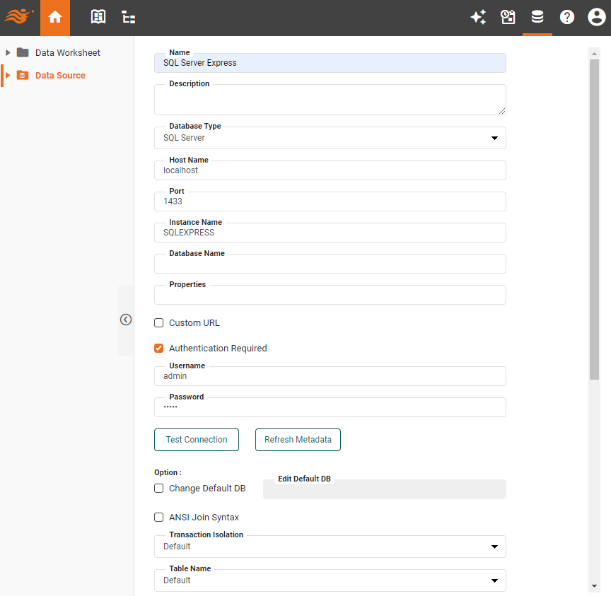 SQL Server Express data source definition screen