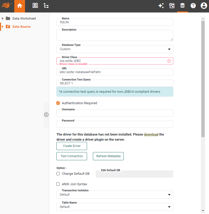 SQLite data source definition screen