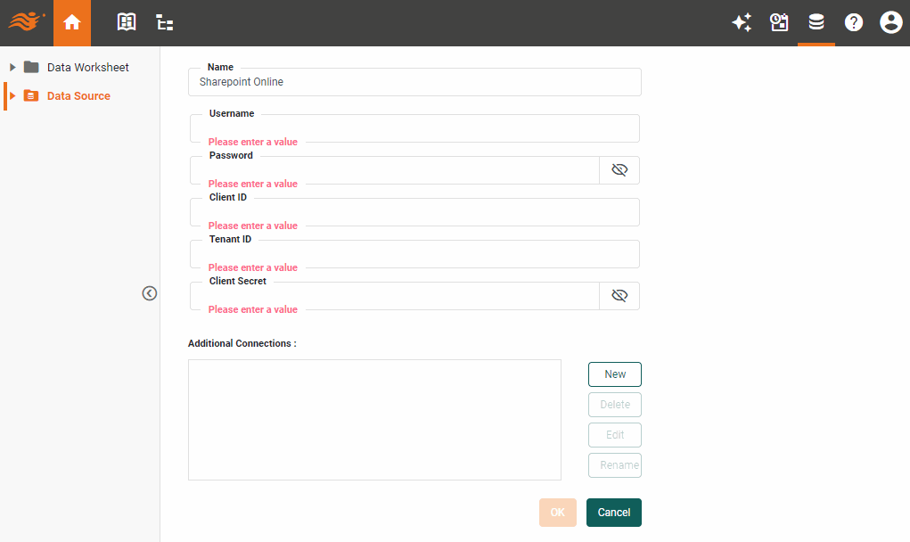 SharePoint Online data source definition screen