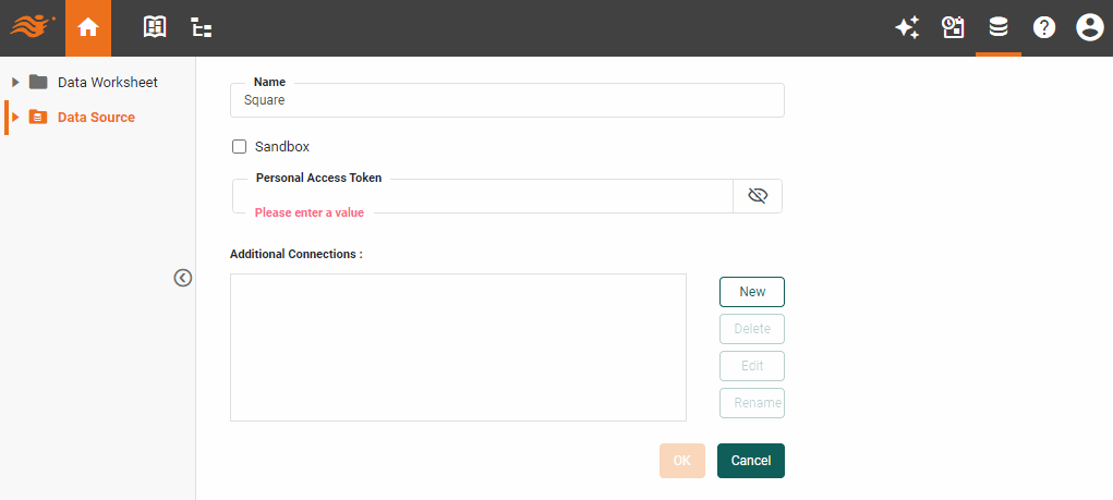 Square data source definition screen