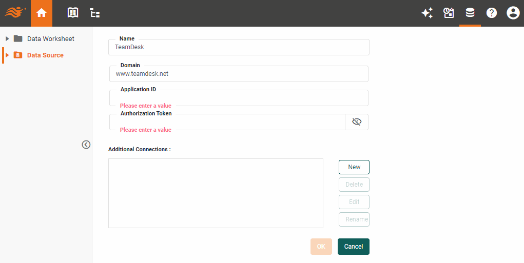 TeamDesk data source definition screen