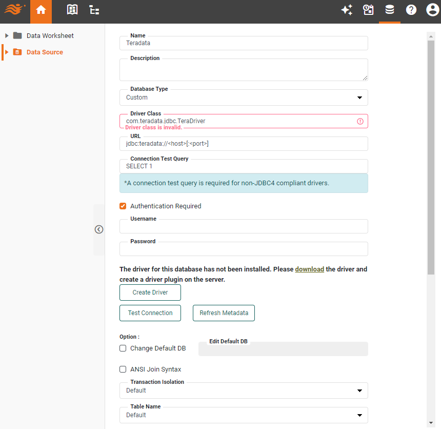 Teradata data source definition screen