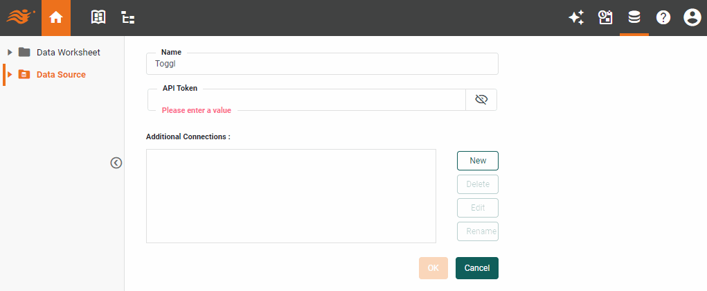 Toggl data source definition screen