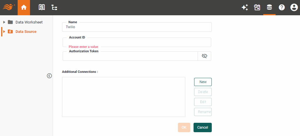 Twilio data source definition screen