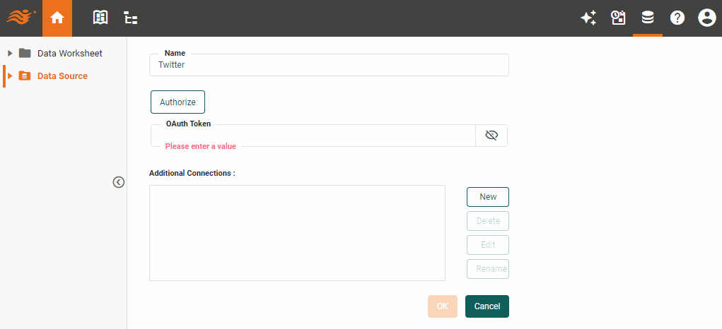 Twitter (X) data source definition screen