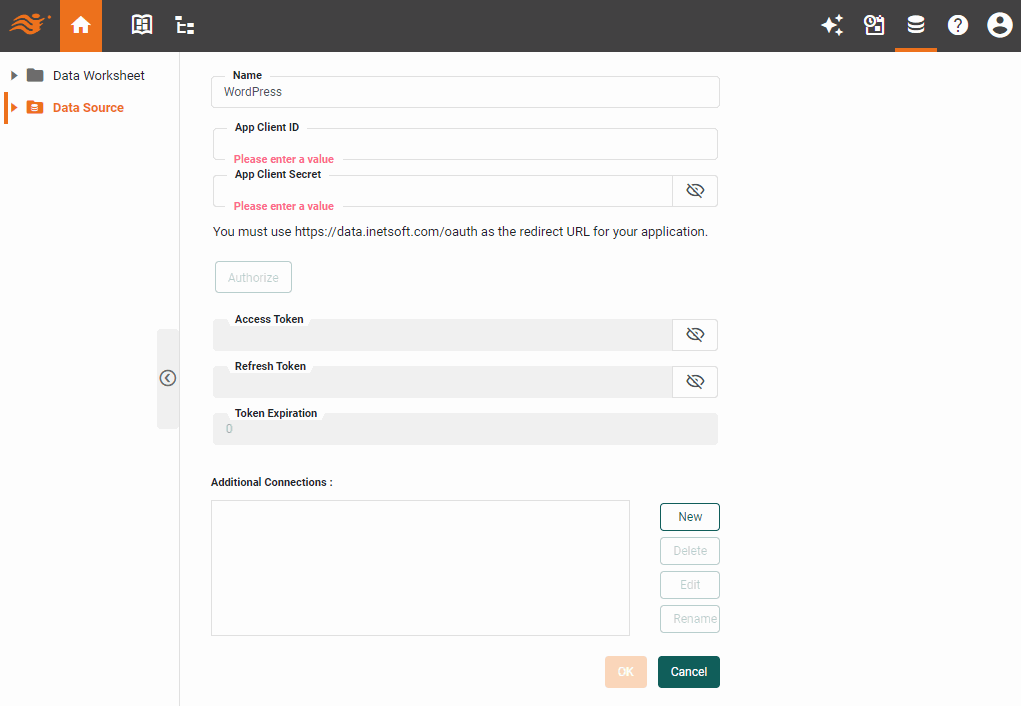 WordPress data source definition screen