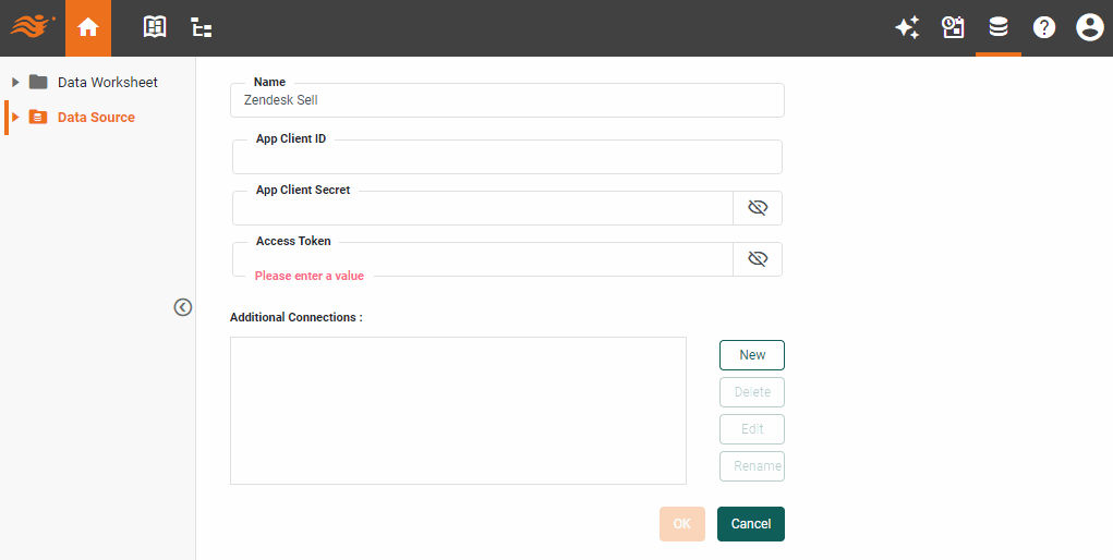 Zendesk Sell data source definition screen