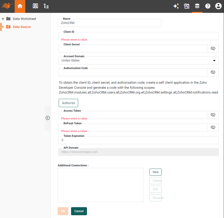 ZohoCRM data source definition screen
