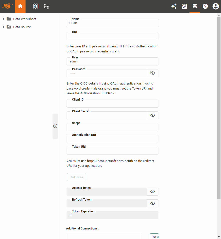 OData data source definition screen