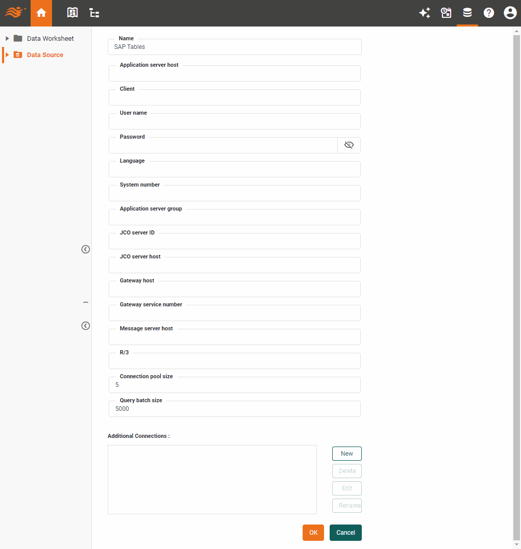 SAP data source definition screen