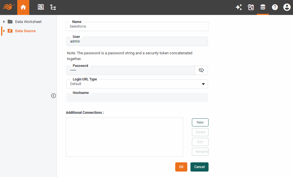 Salesforce data source definition screen