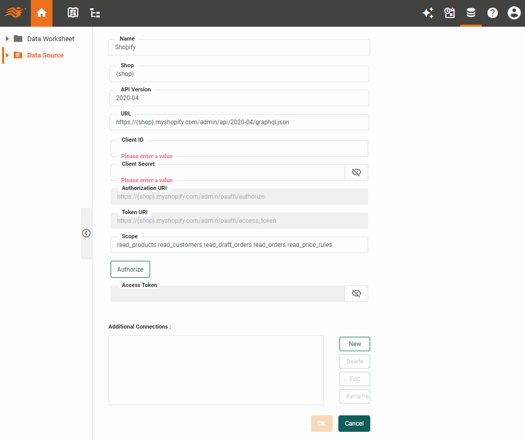 Shopify data source definition screen