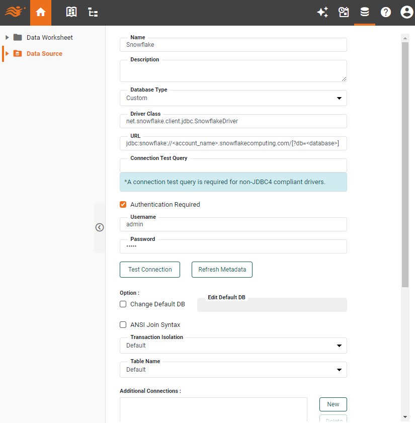 Snowflake data source definition screen
