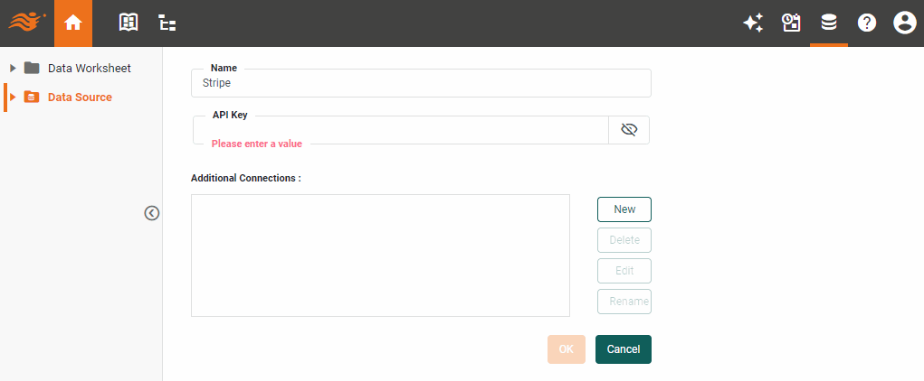 Stripe data source definition screen