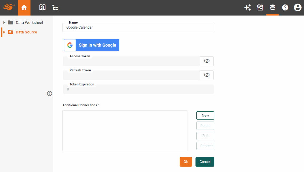 Google Calendar data source definition screen