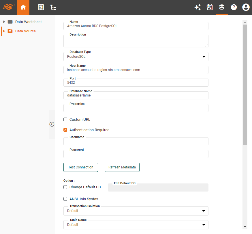 Amazon Aurora RDS PostgreSQL data source definition screen