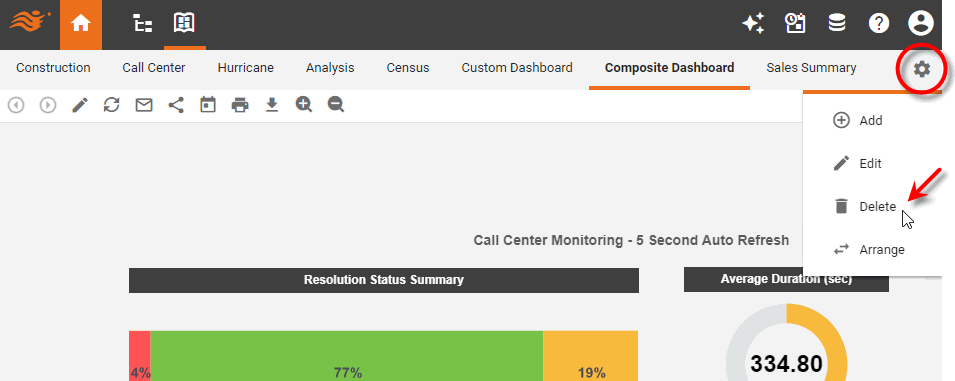 press Dashboard Configuration and select Delete