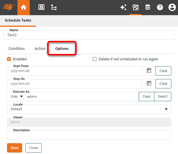 Options tab settings