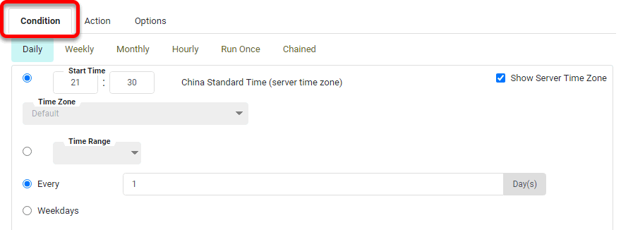 schedule condition panel showing condition type and time settings