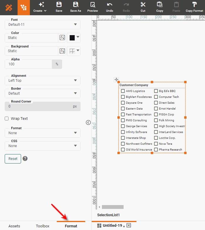 select component region and open format tab