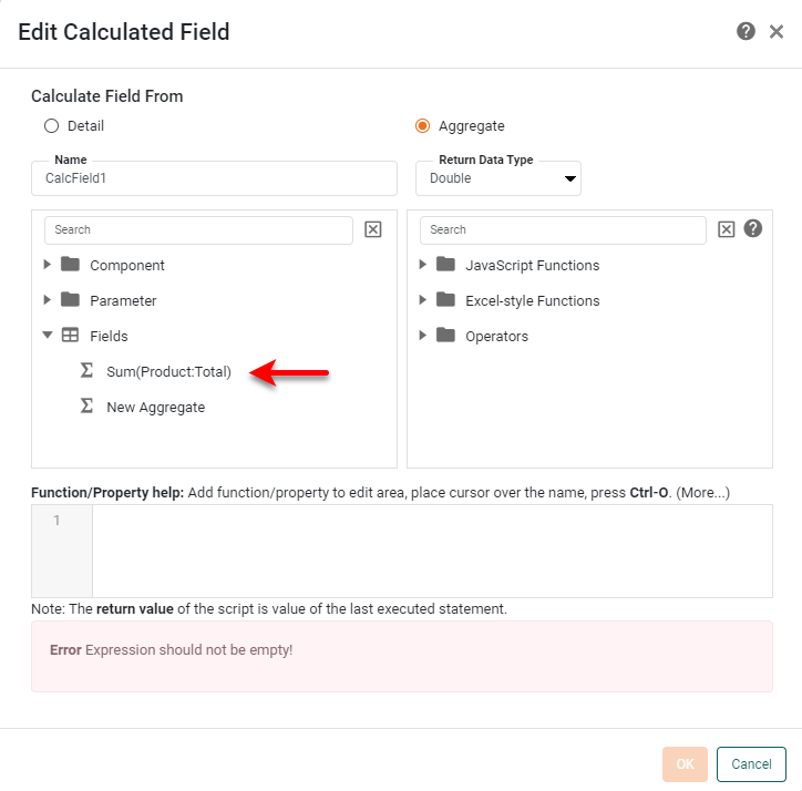 newly defined aggregate appears in the top-left panel of Formula Editor