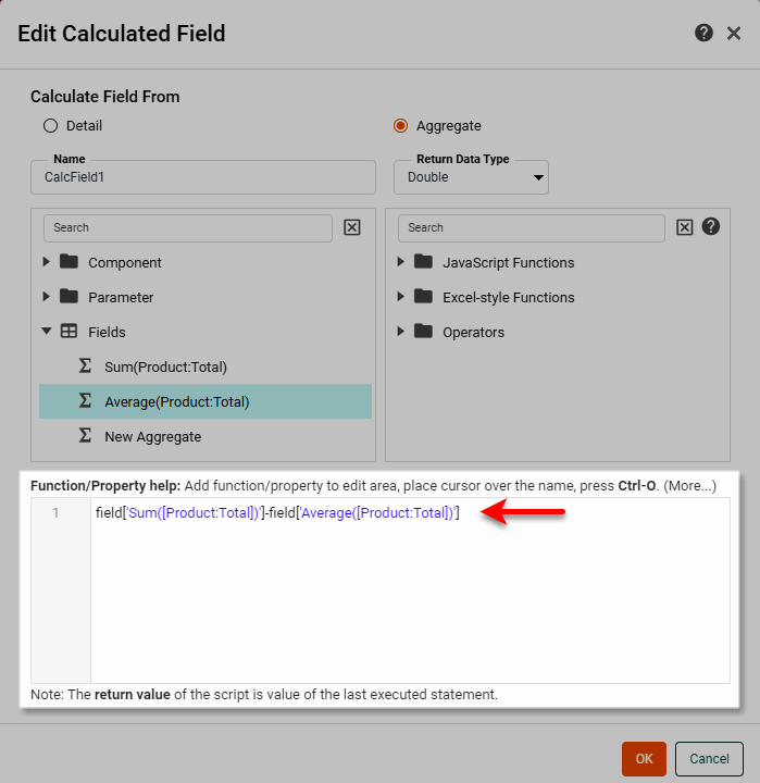 enter calculation using aggregate fields in the formula area