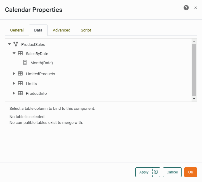 calendar properties data tab with date field selection