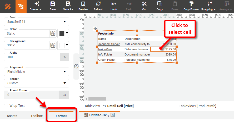 Price column cell selected with Format tab visible