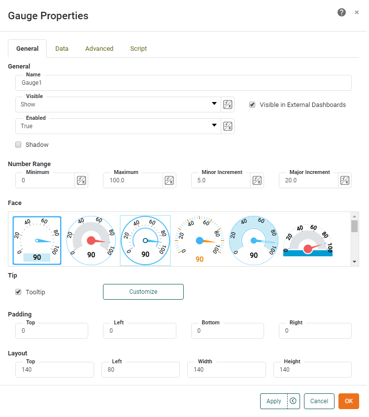gauge general tab properties panel